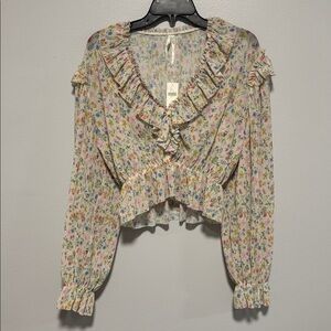 Anthropologie Floral Ruffle Blouse, Size S, Color Cream with Floral Pattern